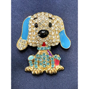 NWOT Dog Puppy Brooch Pin Yellow Gold Toned Blue Enamel Rhinestone Cartoon